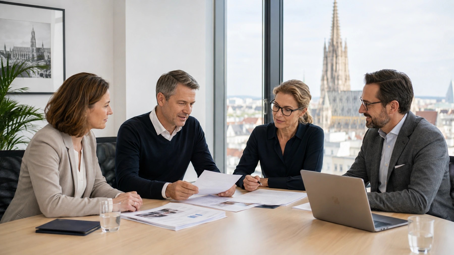 Erfahrene Personen besprechen eine Unternehmens-, Beteiligungs- oder Nachfolgesituation
