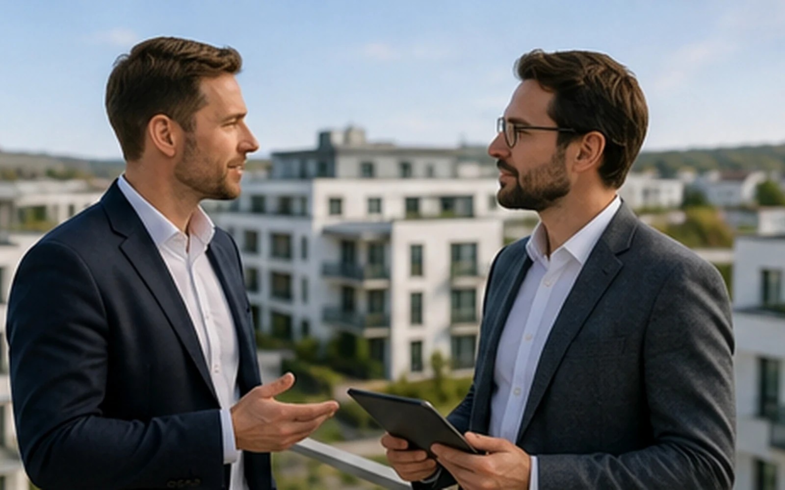 Zwei Personen im Gespräch vor einem Wohngebäude