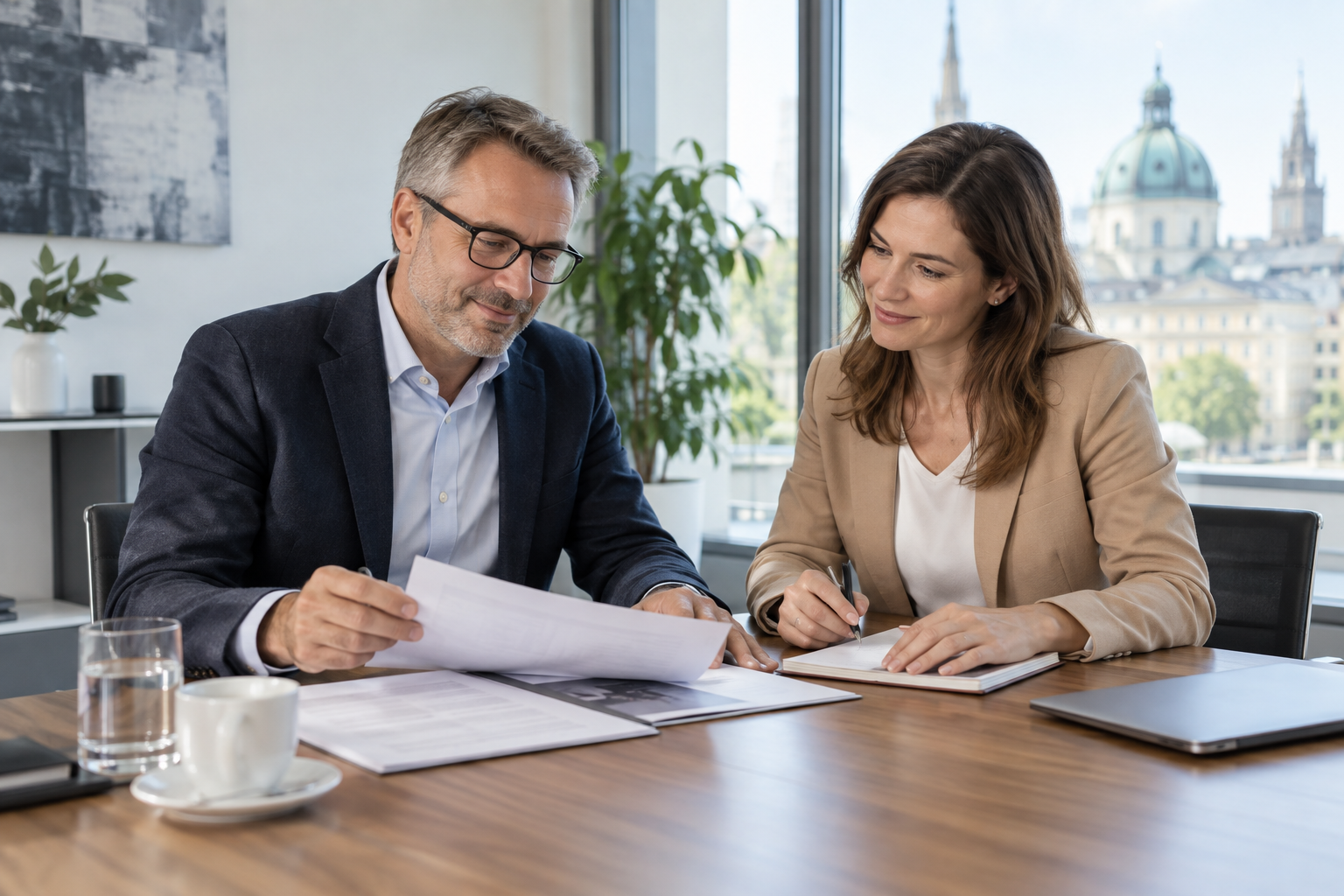 Zwei Personen besprechen Geschäftsunterlagen in einem Büro